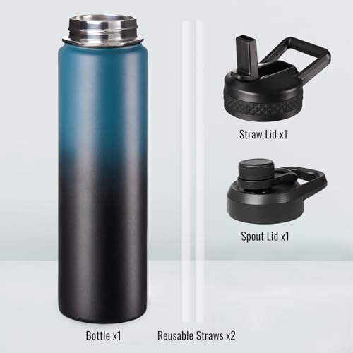 Image of Fijinhom 24 oz Insulated Water Bottle with Handle, 304 Stainless Steel Water Bottles with 2 Lids, Double Wall Vacuum Sports Water Cup with Straw, BPA Free, Keep Cold and Hot, Blue /Black