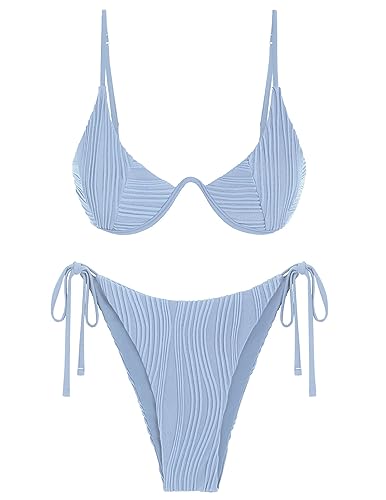 ZAFUL Women's Bikini Sets Ribbed Two Piece Swimsuits Underwire Adjustable Back Clasp Bathing Suit Side Tie Thong Swimwear