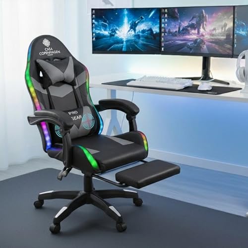 Image of Casa Copenhagen Designed in Denmark,High-Back Italian Leather Gaming Ergonomic Chair with Advanced Mechanism with LED Light & Electric Back Massager, Memory Foam Seating - Grey & Black