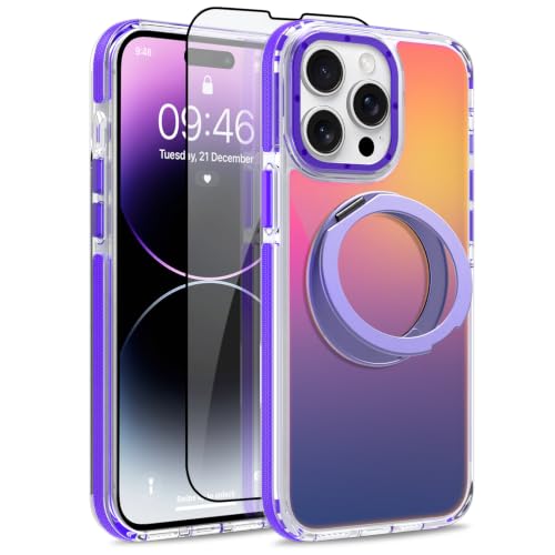 Image of Magnetic for iPhone 14 Pro Max Case with 360 Stand [Compatible with Magsafe] [Fluorescent Design] [1 Screen Protector] Slim Translucent Matte Case for iPhone 14 Pro Max 6.7 inch, Purple
