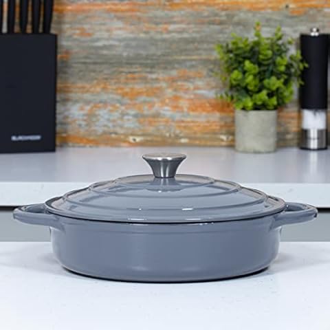Blackmoor 67649 28cm Cast Iron Shallow Casserole Dish With Lid / 2.5L Capacity/Oven Proof Up To 260°C/Non-Stick Enamel Coating/Easy Grip Handles/Works On All Hob Types/Stylish Grey Colour Cover