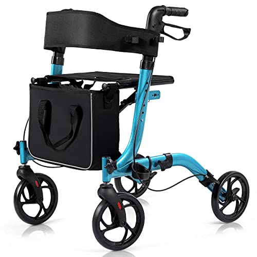 COSTWAY Folding Rollator with Seat and Storage Bag - Blue