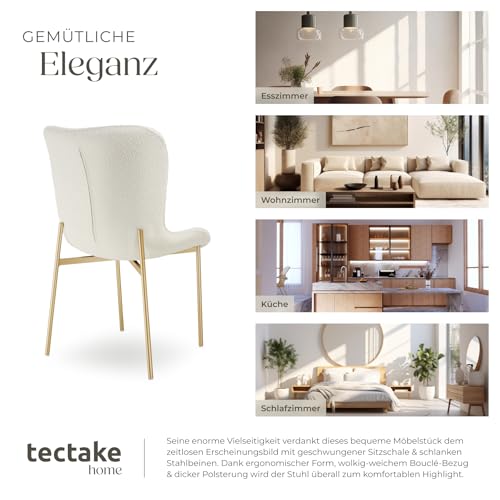 tectake® Polsterstuhl, Bouclé Stoff, Stuhl für Küche, Esstisch, Sessel für Schminktisch, oder Cocktailsessel, als Elegante Esszimmerstühle oder Wohnzimmerstühle für edles Dining - Bouclé weiß/Gold