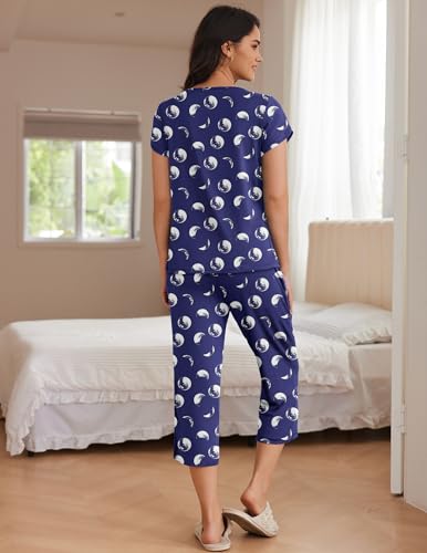 Image of Ekouaer Womens Pajama Set Short Sleeve Sleepwear Pleated Floral Pjs Set Capri Pants Lounge Sets with Pockets S-XXL