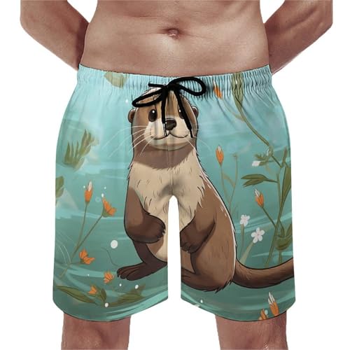Mens Shorts Cartoon Cute Otter Men Swim Trunks Quick-Dry Beach Shorts with Drawstring Pocket Bathing Suit