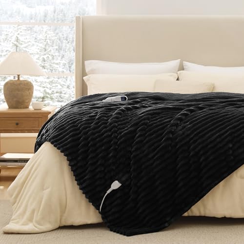 Image of Bedsure Heated Blanket Full Size - Thick Striped Fast Heating Electric Blanket with Preheat Function, 6 Heat & 6 Timer (Up to 10H), 8H Auto Off, ETL Certified, Gift for Grandma (72 inchx84 inch, Black)