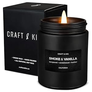 Craft & Kin Premium Smoke & Vanilla Candle | Black Scented Candles | Fathers Day Gift for Dad | Long Lasting with 45 Hour Burn Time, 7.6oz | Made with Soy Wax | Aromatherapy at Home | Gifts for Men