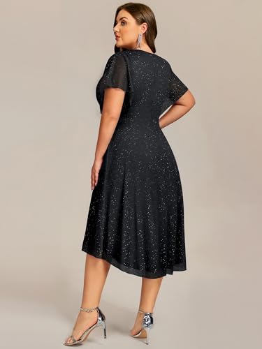 Image of Ever-Pretty Plus Women's V Neck Short Sleeves Pleated Applique High Low Glitter Midi Plus Size Wedding Guest Dresses