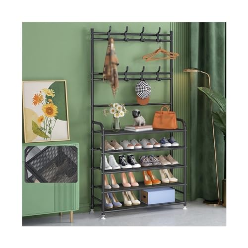 Shoe Rack 5-Tier Entryway Coat and Shoe Rack, Modern Coat Rack, Lightweight Metal Shoe Rack Organizer with Double Row Hooks for Bedroom Hallway Office Shoe Organizer Rack(Black,5-Layers 60cm)