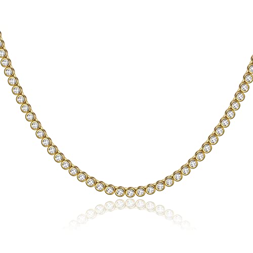 espere Bezel-Set Cubic Zirconia Tennis Necklace in Gold | Classic Round Cut CZ Choker Adjustable 15 Inch to 17 Inch