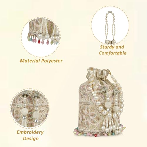 Image of Nevis Silk Fabric Embroidered Potli Bag with Pearl Beaded Handle | Designe Ethnic Drawstring Clutch for Wedding, Festive