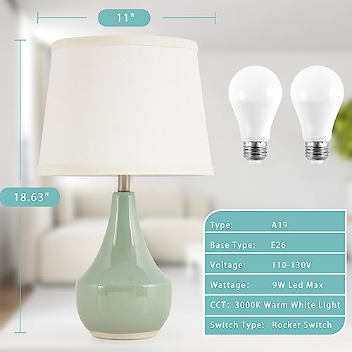 GyroVu Table Lamp Set of 2, 18.63” Ceramic Table Lamp Classic Beside Lamps Nightstand Lamp Modern Lamp for Living Room, Bedroom & Office Rocker Swtich Sage Green-LED Bulbs Included - Image 3