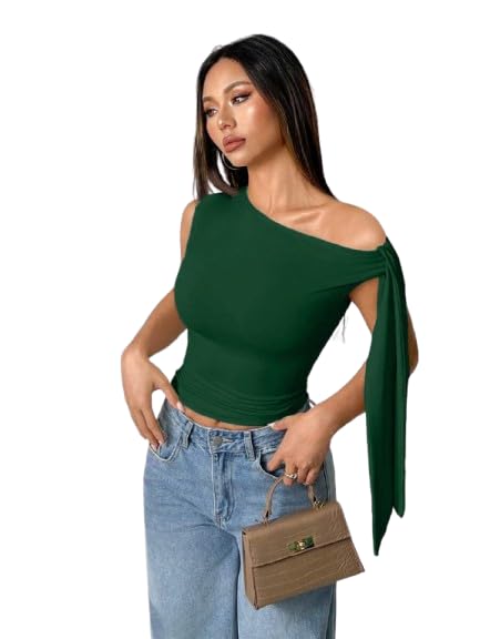 Image of TIVANTE Solid Asymmetrical Shoulder Tie Strap Crop Top for Women
