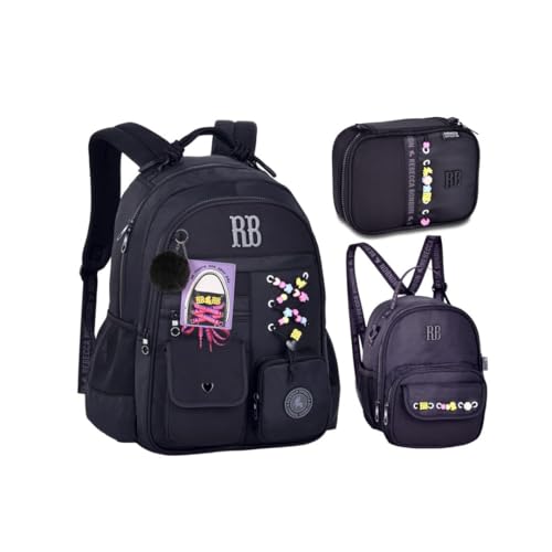 Kit Mochila Lancheira e Estojo Rebecca Bonbon Beaded Fun Com Cadarço RB27422 (Preto)