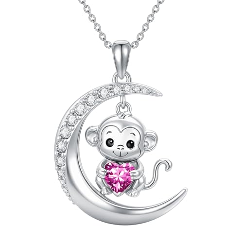 Image of PROESS Animal Birthstone Necklace 925 Sterling Silver Otter /Axolotl /Hippo /Elephant /Dachshund /Monkey /Red Panda Pendant Necklace Animal Birthstone Jewelry Gifts for Women