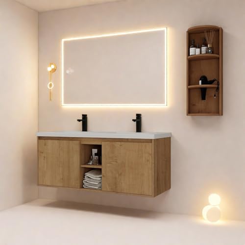 Image of Floating Bathroom Vanity, 48 inch Bathroom Storage Cabinet with Double Resin Sinks, 2 Soft-Close Doors & 2 Open Storage Shelves, Wall-Mounted Vanity with Extra Three-Layer Spacious Shelves, Oak
