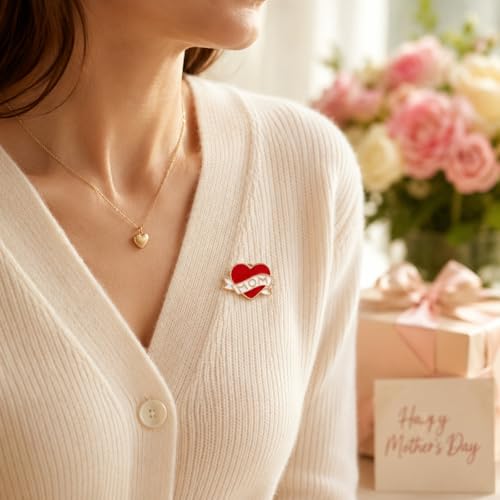 Image of LUOZZY 12pcs Mom Heart Pins Red Enamel Love Brooches for Mothers Day | Eye-Catching Red Heart Mom Enamel Pins For Birthday Parties
