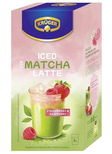 KRÜGER Iced Matcha Latte Strawberry & Raspberry Instant Pulver 160g (8x 20g Sachets) mit Grünteepulver