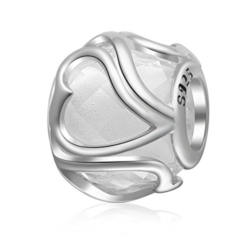 PAIYUAN Heart Murano Glass Charms 925 Sterling Silver Radiant Love Crystal Beads Fits European Bracelet (White)