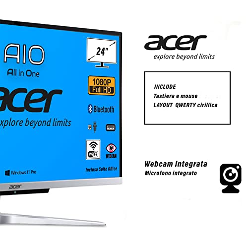 Acer All in One AMD Athlon 3050u, 256GB SSD, 8GB RAM, 24" FHD-Display, Win 11 Pro, Suite Office, Wi-Fi, HDMI, LAN, WebCam, Maus und Tastatur mit CIRILLICO QWERTY-Layout mit STIKERS, Einsatzbereit – Bild 3