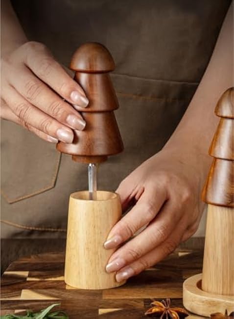 Wood Spice Grinder,Acacia Wood Pepper Mill,Pine Tree Manual Salt and Pepper Mills, Refillable Spice Tools,Wood Seasoning Mill Adjustable Coarseness Fine to Coarse (Pine Tree)