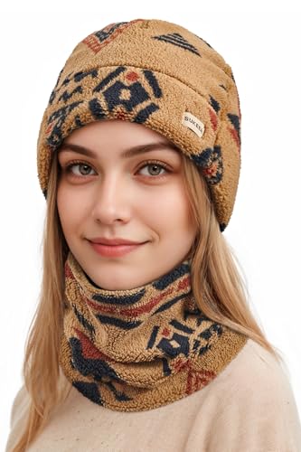 Sukeen Womens Winter Beanie Hat Scarf Set Elastic Snow Skull Cap Prints Warm Soft Hat for Cold Weather