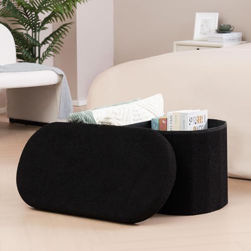 Image of B FSOBEIIALEO Ottoman with Storage for Living Room, Sherpa Folding Storage Ottoman Foot Rest, 30 Inches Collapsible Bedroom Bench Black
