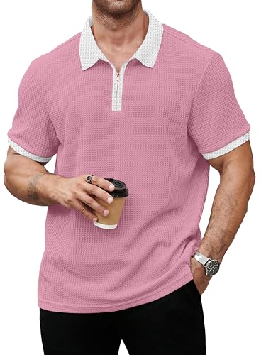 KAJARU Men's Waffle Knit Polo T-Shirt, Short Sleeve, Zip Collar with White Trim (POLO-8034)