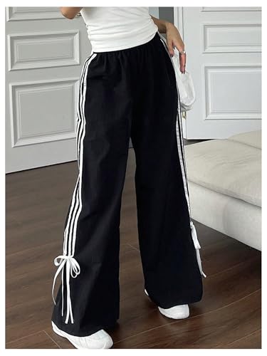 Women's Y2k Striped Wide Leg Pants High Waist Drawstring Elastic Bow Side Tie Side Loose Fit Trousers3