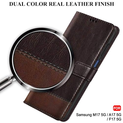 Image of TheGiftKart Flip Back Cover Case for Samsung Galaxy M17 5G / A17 5G / F17 5G | Dual-Color Leather Finish | Inbuilt Stand & Pockets | Wallet Style Flip Back Case Cover (Faux Leather, Coffee & Brown)