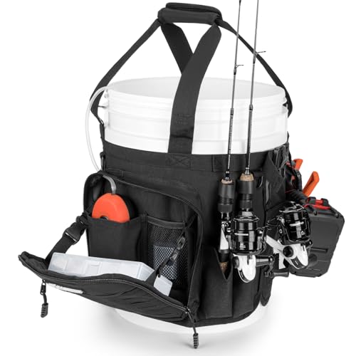 KastKing Karryall Fishing Bucket Organizer for 5 Gallon Bucket, Ice Fishing Tackle Bag with Adjustable Buckle, Rod & Plier Holder and Multi-Pockets for Fishing Gear & Accessories Storage,Black