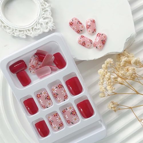 Image of Red Press on Nails Short Square Fake Nails Flower False Nails with Design Colorful Floral Stick on Nails Full Cover Glossy Acrylic Nails with Nail Glue Cute Artificial Nails for Women Manicure 24Pcs
