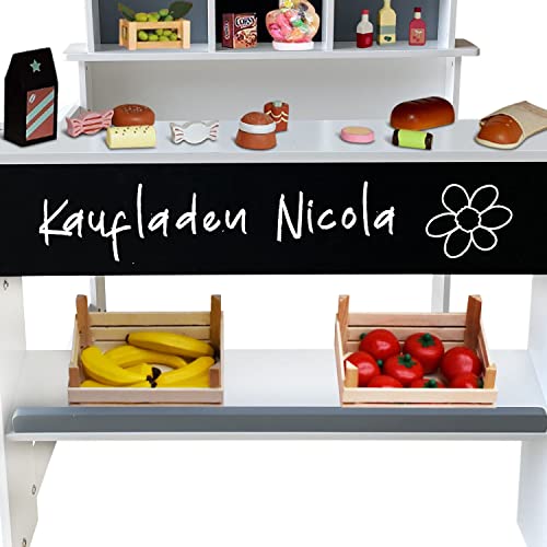Coemo Kaufladen Nicola Kinder Kaufmannsladen aus Holz, Verkaufsstand Theke, Tafel, Seitentheke & Schublade Marktstand als tolles Geschenk, Grau – Bild 5