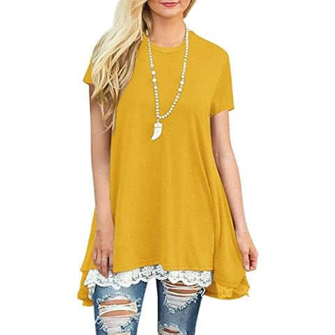 Womens Plus Size Short Sleeve A-Line Flowy Tunic Tops Lace Trim Shirt Blouse, S-yellow, Medium Cover
