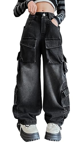 Joe Wenko Girls Denim Cargo Pants Baggy Y2K Wide Leg Jeans with Multi Pockets