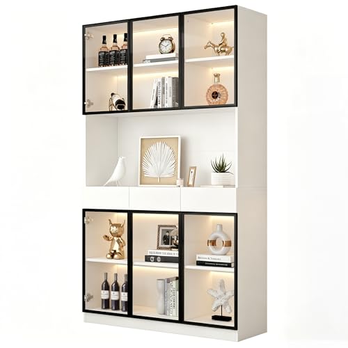 kozamas Vitrine en Verre Moderne Bibliothèque avec Éclairage LED et Bureau Intégré, 6 Portes en Verre, 3 Tiroirs et Étagères Réglables, 200 cm - Blanc...
