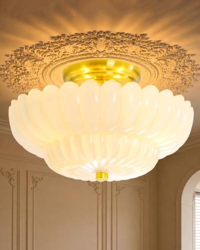 GloMuse Semi Flush Mount Ceiling Light Fixture 11.8 Vinatge Gold Ceiling Lights Mid Century Modern Milk White Glass Close to Ceiling Lighting Fixtures for Bedroom Hallway Foyer Bathroom Kitchen