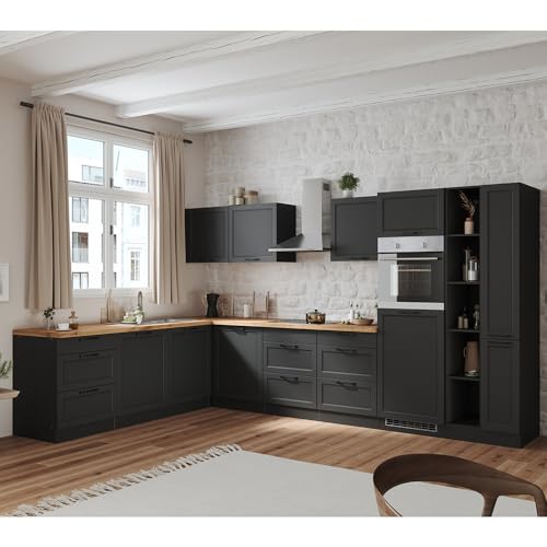 Lomadox Winkelküche Küche Einbauküche Küchenzeile L-Form 360/240 cm mit E-Geräten in grau, Arbeitsplatte in Eiche, inkl. Dunstabzugshaube, Herd, Backofen, Geschirrspüler