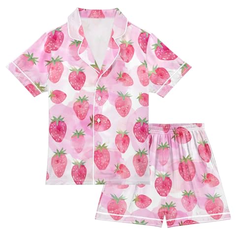 Strawberry Pink Pattern Summer Satin Pajama Set, Cute Button-Down Sleepwear Pj Set for Sleep Wears