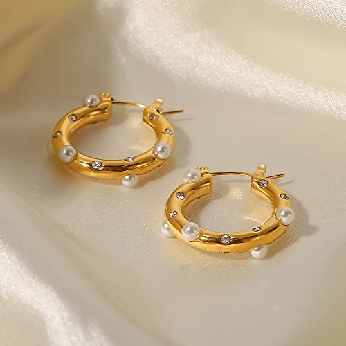18K Gold Pearl and Moissanite Hoop Earrings, Vintage and Delicate Earring Design, Fashion Jewelry Gift3