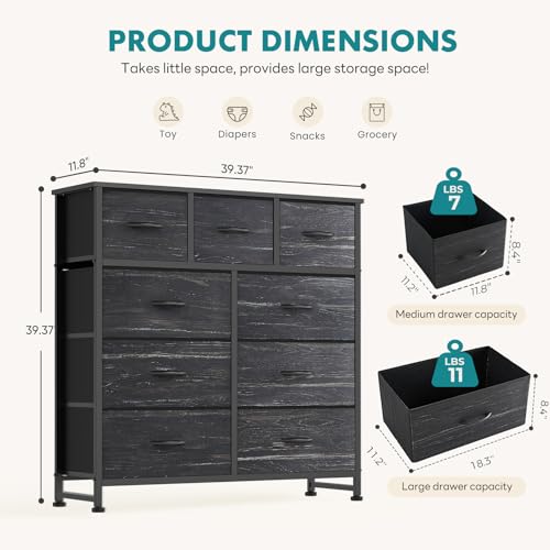 Image of OLIXIS 9 Drawer Storage Dresser with Wood Top - Wide Fabric Chest Organizer for Bedroom, Closet, Living Room,Tower Cabinet, TV Stand, Hallway Entryway Furniture,Black Wood Grain