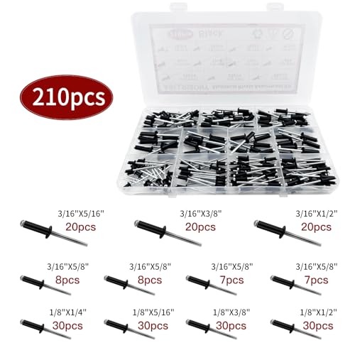 Image of 210Pcs Black 3 /16 Inches,1 /8 Inches Pop Rivets Assortment Kit, 8 Sizes Aluminum Rivets,Aluminum blind rivets for metal Dome Head rivet kit