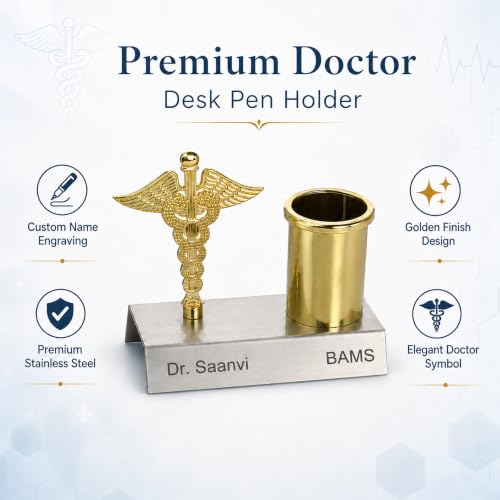 Image of SAVRI Personalized Doctor Symbol Pen Stand -Custom Name Engraved | Stainless Steel with Golden Touch | Customized Desk Organizer Gift for Doctors, Surgeon, Medical Students & Pharma Corporate Gifting