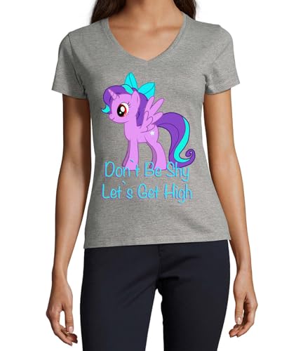 T-shirt Don't Be Shy Let's Get High gris col V femme coton imprimé