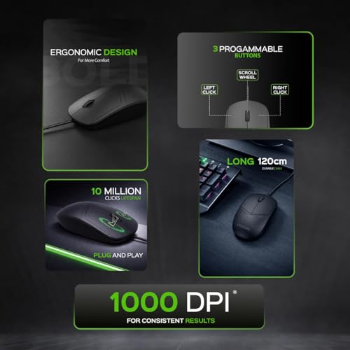 Image of iVOOMi Bold Wired Mouse Plug & Play Installation, 120cm Cable Length, Adjustable DPI Upto 1000, Plug-&-Play, Button Life - 1,000,000, iOS, Win, Linux & Android, 1 Year Warranty - Newly Launch