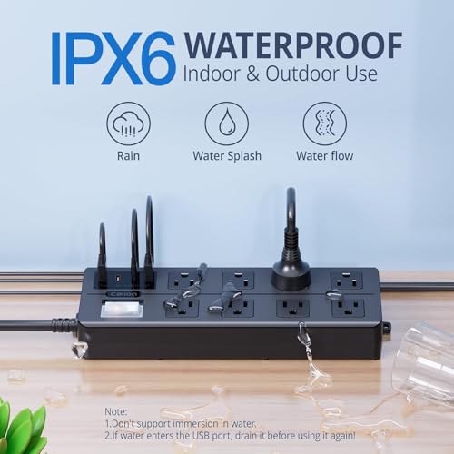 Image of IPX6 Waterproof Outdoor Power Strip, Overload Protector with 8 Wide Outlet 4 USB Ports (2A 2C), 6FT Extension Cord, Wall Mountable Weatherproof for Garden Patio Holiday Lights, UL Listed Black