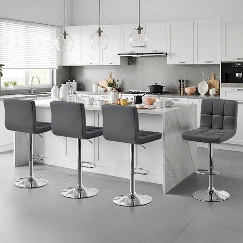Image of Yaheetech Bar Stools Set of 4, Adjustable Swivel Barstools with High Backrest, PU Leather Kitchen Island Chairs, Thickened Seat Cushion Counter Height Barstools, Grey