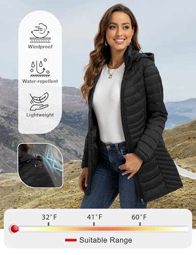 ROYAL MATRIX Packable Puffer Jacket for Women Hooded Lightweight Quilted Travel Long Puffer Coat with Pockets4
