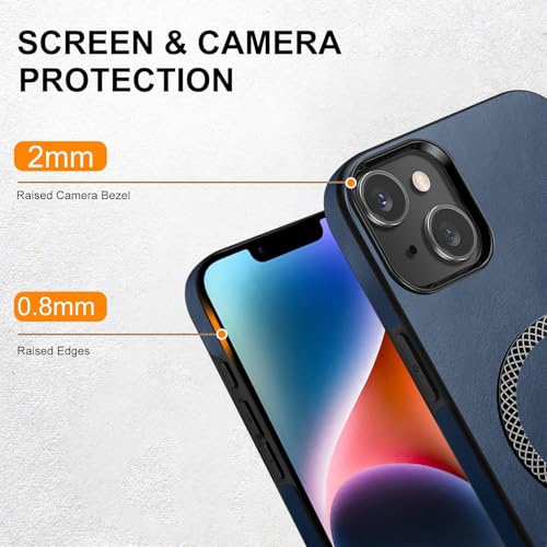 Image of KARWAN Shockproof Hybrid Leather Finish Back Case Cover Compatible with iPhone 13,iPhone 14 with Wireless MagEaze Charging Cover, Anti-Scratch Shield Case with Strong Minimalist Design (Blue)
