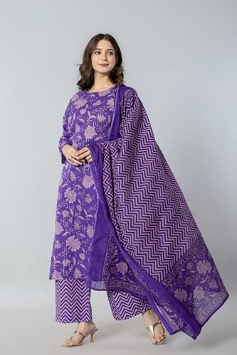 Image of YUVVIK Women's Ethnic Kurta Set | Floral Cotton Kurti with Palazzo & Matching Dupatta | Trendy Plus Size Suit for Festivals, Parties & Daily Outfit